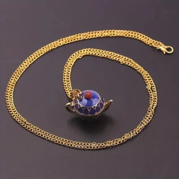 Cobalt Blue Enamel Painted Teapot Tea Pot Charm Pendant Yellow Gold-Tone - Picture 5 of 15